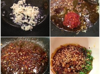 step6: 平底鍋加入橄欖油燒熱，放入蒜末爆至香味出後，加入餘下的紅油醬材料煮滾後，熄火。