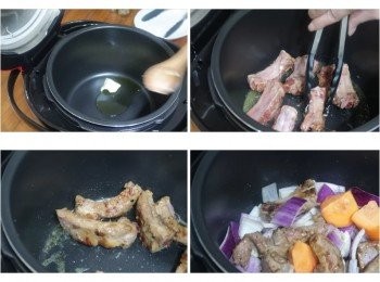 step3: 步驟2設定好後，
在內鍋添入酌量食用油和1小塊無鹽奶油，
然後擺入事先醃漬好的肋排，將肋排表面煸煎金黃上色
接著加入蒜片ˊ紫洋蔥ˊ紅蘿蔔，拌炒出香氣