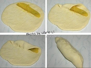 step6: 這次用的餡料是自製的《黃金蜜地瓜餡》
先取一條放在麵皮上方約 1/3 處
將上方的麵皮依左、中、右分三次折合
正好可以將《地瓜條》包覆起來

然後再放上一條《地瓜條》
依照同樣的方式將麵包整成橢圓形
尾端稍加按壓捏合起來

※ 內餡作法請參考： 黃金蜜地瓜餡