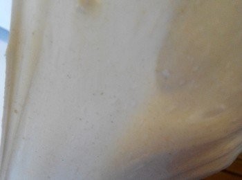 step2: 直到有彈性不易破裂的薄膜，接近透明狀。進行等待第一次發酵完畢，大概是60分鐘。