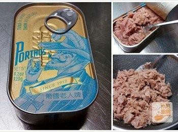 step1: 吞拿魚去除水份, 將吞拿魚剝碎, 備用