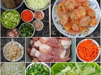 step1: 將甘荀、芹菜处理後,洗淨切條；蒜仔切幼；細蝦乾搣去頭尾用滾水洗一洗；干魷魚浸軟後用剪刀剪條；椰菜切絲；猪肉去皮洗淨切條 ，用適量糖、生抽、粟粉撈勻，醃10分鐘