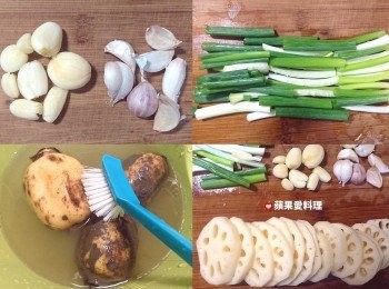 step1: 蒜頭分成兩份，一份去皮，另一份不去皮。青葱切段。蓮藕刷洗乾淨後，削皮，切片。