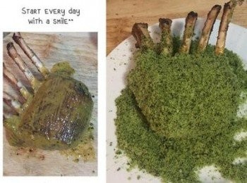 step5: 從烤箱取出後，趁熱抹上黃芥末，再放到預先備好的香料麵包粉上，均勻的裹滿整塊羊排。再次入烤箱烤5分鐘後取出。