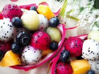 step1: 把火龍果 , 紅龍果都挖成小球狀 ,連奇異果也挖了