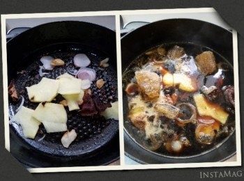 step3: 爆香薑，陳皮，蒜及蔥頭；加入
<span class="group_2"> 汁料</span> 及腩排，用大火煮滾。