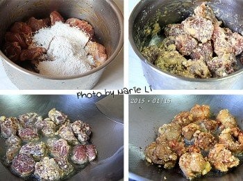 step2: 醃好的排骨灑上些許木薯粉 (俗稱地瓜粉) 拌勻
起油鍋加熱，將排骨一塊塊放進油鍋中