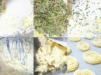 step3: 1. 放室溫軟化的奶油加糖粉以橡皮刮刀拌均勻，
2. 加入奶粉、原味優格、乾燥百里香以電動攪拌機打成均勻奶油糊，
3. 加入過篩低筋麵粉與泡打粉，橡皮刮刀以不規則方向拌均勻，
4. 完成的餅乾糊放入擠花袋、以喜愛的擠花嘴擠在烤盤上，
170度烤20~30分鐘(視各家烤箱狀況、餅乾大小、中途觀察上色程度)，
熄火悶至溫降取出ok！