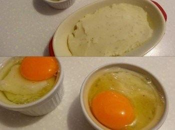 step3: 將完成的薯泥放入容器中，六到七分滿即可。並在每個容器加入一至二顆雞蛋，烤箱溫度上下火190度，烤10-20分鐘，雞蛋烤熟即可取出。（在烘烤約莫10分鐘時，可以將其取出，表面撒上一些乳酪絲，增添焗烤的風味，再放入烤箱繼續烤培）