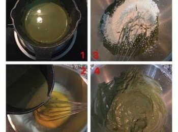 step5: 1.先將抹茶粉+奶油和牛奶加熱到奶油和抹茶粉都溶化。 蛋黃先打散。2.將加熱後的抹茶奶油+牛奶緩緩倒入打散的蛋黃液中，要邊倒邊攪拌。3.篩入低粉。4.輕拌到麵粉均勻溶於抹茶蛋黃液中，成抹茶蛋黃糊。