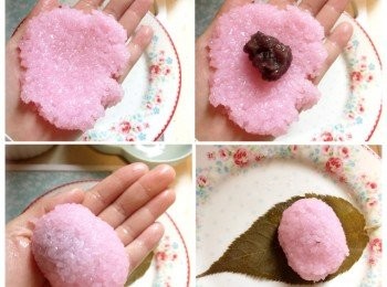 step4: 道明寺粉團蒸熟後，分成5等份。再按圖示，包入豆沙餡料，搓圓。