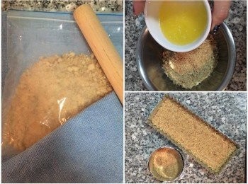step1: 奶油微波30-40秒到溶化備用。將消化餅裝在夾鏈袋，擠出空氣，上面蓋乾布用桿麵棍將餅乾桿碎。取一個容器將兩者混勻後，壓入模型中，冷藏。 因為我沒有15公分的模具所以用了ㄧ個直徑9公分圓型和22x10公分長方形做。