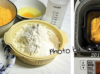 step1: ※ 切達起士口味乾乳酪先刨成絲。
(Panasonic SD-BMS105T Mode30 烏龍麵麵糰模式)

將所有材料 (無鹽奶油除外) 放進麵包機容器中
設定麵包機 Mode30 《烏龍麵麵糰模式》
機器一共只打 15分鐘 就結束了