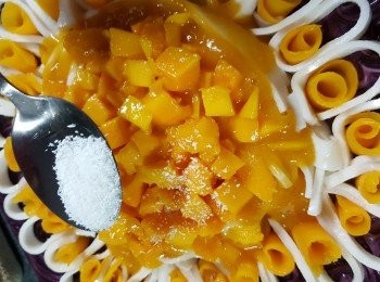 step12: 再舖上芒果肉粒,灑上椰茸(椰茸可以用白鑊略炒會更香)