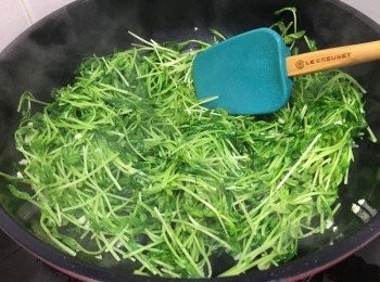 step3: 燒熱油鑊, 中火加蒜蓉爆香後, 加入翡翠苗快炒至軟身