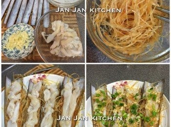 step1: 蟶子去腸，用刷子清洗乾淨。粉絲浸軟，剪段，加調味料拌勻鋪於蟶子底部，放上蟶子肉，淋上剩番的調味汁，再鋪上蒜蓉蔥花，中火蒸熟即可。