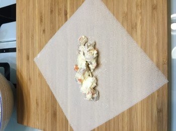 step3: 把春卷皮上放上已拌勻的材料，然後包成長方條，封口記得塗上少許蛋汁。