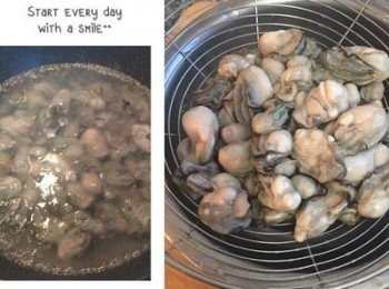 step3: 水滾後，將蚵仔逐粒下鍋，煮到白色的部份隆起呈飽滿狀態即可（約2分鐘）用較粗孔的漏網將水份瀝掉。