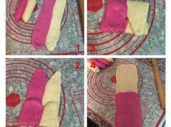 step12: 取第一對桿捲的麵糰，先桿成長方形，再折成3摺，轉向直桿，白的在上，紅的在下桿成長方形。