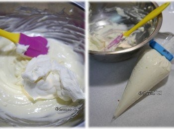 step4: 鮮奶油+細砂糖，打發 （尾端尖挺）；與3混合、拌勻後裝入三明治袋中