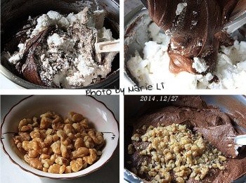step8: 混合麵糊：

核桃(切碎)：     適量

先挖一些蛋白霜加進巧克力麵糊中拌勻
再將所有的巧克力麵糊倒回蛋白霜中輕輕切拌均勻
最後再加入適量的核桃碎末一起拌勻即可