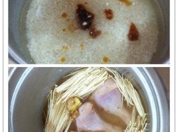 step2: 把洗好的米飯加入麻油飯的調味料《全部》攪拌均勻，然後加入腌製好的雞腿和金針菇。