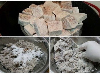 step1: (可做到兩條)

1. 芋頭去皮，切件，隔水蒸20分鐘後熄火，唔需要開蓋，直接用蓋焗住30分鐘

2. 芋頭放入盤中，帶上手套，用手直接壓芋頭至泥狀，加入五香粉和鹽，可以先試味，再加入澄面粉