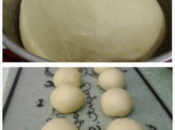 step6: 把完成第一次發酵的麵團取出，輕輕按壓排氣，分割所需份量再滾回圓形用保鮮膜蓋着15分鐘讓麵團鬆弛。