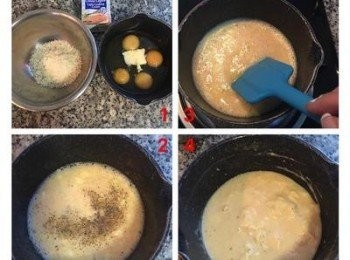 step6: 再接著做<span class="group_3">西式炒蛋</span>，先將帕馬森起司磨成粉備用，直接用小煮鍋把全蛋放入奶油打散，用小火慢慢加熱，邊煮邊攪拌，煮到開始有凝結的蛋，加入鹽和黑胡椒粉拌勻後，便可暫時離火。