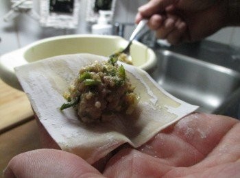 step1: 青蔥、蒜、薑切丁後與絞肉，加入醬油與白胡椒均勻拌攪。