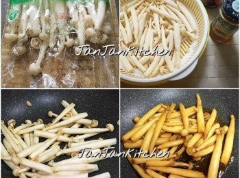 step1: 菇剪去包裝頂部，取出菇，切去根部，放回袋入面，注入水清洗數次，壓實包裝袋壓出菇的水分，這就容易做到洗菇的步驟。下油爆香蒜片或蒜蓉，下菇炒至微微金黃，炒一會，下少許鹽糖調味，再炒透，先盛起菇，趁鑊熱，下燒汁煮熱至汁收杰，菇回鍋上汁，關火下蜜糖拌勻即可。