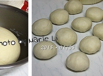 step4: 工作檯上灑些手粉，
將發酵至兩倍大的麵糰移出鋼盆
先揉出氣泡後平均把麵糰切割成14等份
一一揉圓後放置一旁
以保鮮膜或濕布覆蓋以免乾燥