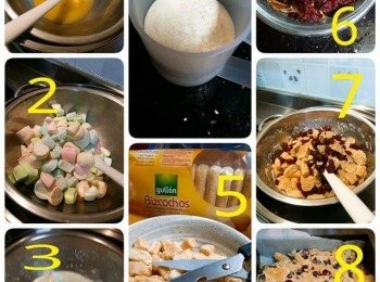 step1: 1.無鹽奶油 80g
2.棉花糖 200g(想要顏色白淨可以用純白棉花糖)，剪小塊較快融化。
3.奶粉 50g
4.手指餅乾100g (做提拉米蘇用的手指餅乾) ，一般使用飛機餅等較硬脆的種類，因為家裡只有手指餅乾，所以湊合著用，吃起來有濃濃雞蛋香也不錯。
5.早餐麥片50g 也可不加，或者加堅果類
6.蔓越莓乾 100g