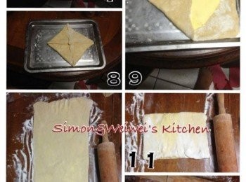 step7: 取出麵糰及奶油，置於平台上，麵糰放在下方，奶油則以菱形放在麵糰的正中央。