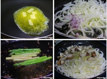step6: 平底鍋預熱之後，放入奶油再放入洋蔥及紅蔥末爆炒至香氣出來後，再放入香菇拌炒，同時再將蘆筍放置在鍋內一角煎至熟透，再依個人喜好加入適量的鹽及楜椒調味後盛盤備用