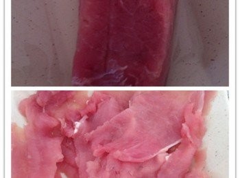 step1: 肉眼洗淨，切薄片，加入胡椒粉，鹽巴腌製。