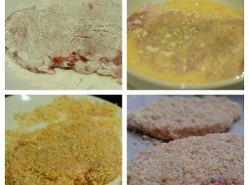 step4: 將豬排先沾滿麵粉，然後沾蛋液，最後沾滿麵包糠