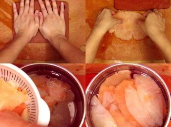 step5: 浸完清水的柚皮再拿出來，再盡量壓出所有水份
把壓光水份的柚子再浸沒清水，最少浸4小時
之後再重覆多2次
最後壓好水份的柚皮再浸沒清水備用
（不會即時食用的話可以放入冰格，需要時回溫即可）