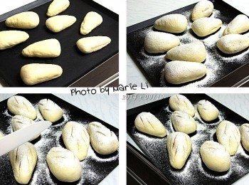 step6: 抓出間距排列在烤盤上做最後發酵，約一個小時
在發酵好的麵包上面灑一層高筋麵粉
預熱好烤箱，進爐前才在麵包表面劃上想要的線條
劃好後馬上送進烤箱烘烤以免消氣。