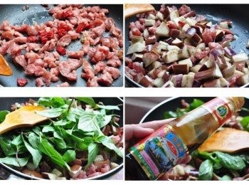 step3: 碎香腸與辣椒煸香後，再加入茄丁拌炒，讓茄丁充分吸收香腸的香甜味後，再加入9層塔與【李錦記舊庄特級蠔油】調味即可!