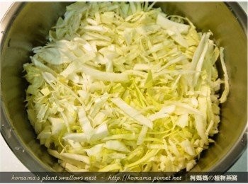 step4: 將所有已切成細絲的高麗菜，鋪放在白飯的上頭。