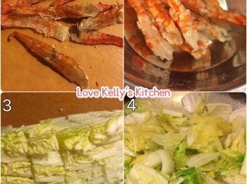 step1: 虎蝦干用熱水浸15分鐘，去走腸洗乾淨切一半備用；