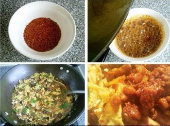 step9: 鍋中熱油，潑入現磨的辣椒面中，做成辣子油備用。鍋中留餘油，爆香薑片後加水適量，依次加入陳醋、肉臊子、素臊子，放生抽、鹽調味，煮開後放辣子油，灑上漂菜，關火攪勻。煮臊子湯的同時另起一鍋煮麵，面不要煮太久，8分熟就剛剛好了，大碗中先盛半碗臊子湯，撈入面後澆上臊子，一碗酸辣鮮香的臊子面就煮好了。