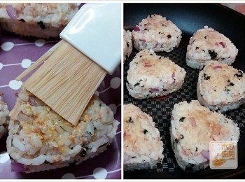 step4: 將生抽薄薄地掃上飯團兩邊, 放上平底鑊中以中火每邊煎約1分鐘即可