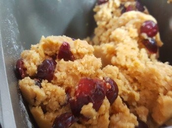 step3: 當8分鐘過後，加入紅莓。攪拌5分鐘後，拿出麵糰。