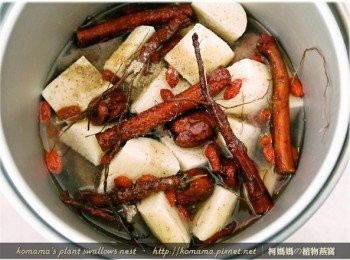 step5: 將黑木耳養生露、水、鹽巴與胡椒粉，直接添加至電鍋的內鍋中。