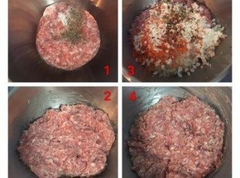 step2: 冷藏過的絞肉用1茶匙鹽和少許黑胡椒粉抓出黏性，接著分次放入約15g的水進行「打水」（就是放點水拌ㄧ下，到水被絞肉吸收後再放水）；拌入紅蘿蔔末、洋蔥末和荸薺及1/2匙鹽，1茶匙糖、2湯匙香油，半湯匙的醬油，混勻後備用。（如對調味沒信心的話可以取ㄧ小塊絞肉煎熟後試吃)