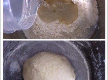 step1: 將麵粉篩入大碗中，倒入溫水和植物油。快速的攪拌均勻。
搓成光華麵團，用布蓋起來,鬆弛30分鐘。

30分鐘后取出麵團放在工作臺上，如果麵團粘著工作臺，可以加入少許的植物油，把麵團搓成圓滑。