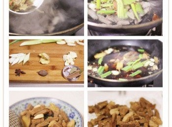 step2: 煮熟後的牛肉撈出控干水分備用；鍋中倒入適量的油，下入煮好控干好的牛肉條；