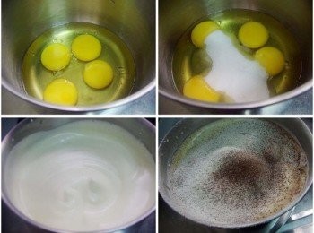 step4: 準備好打蛋用容器ˊ加入雞蛋4個ˊ細砂糖100gˊ 
將全蛋打發ˊ判斷打發是否完成: 
(將打發蛋糊提起寫個8ˊ蛋糊不會沉底)ˊ 
(或用牙籤豎立ˊ可以直挺豎立即表示OK) 
然後倒入步驟1已經過篩的粉類ˊ確實但不要過度攪拌完成麵糊拌合